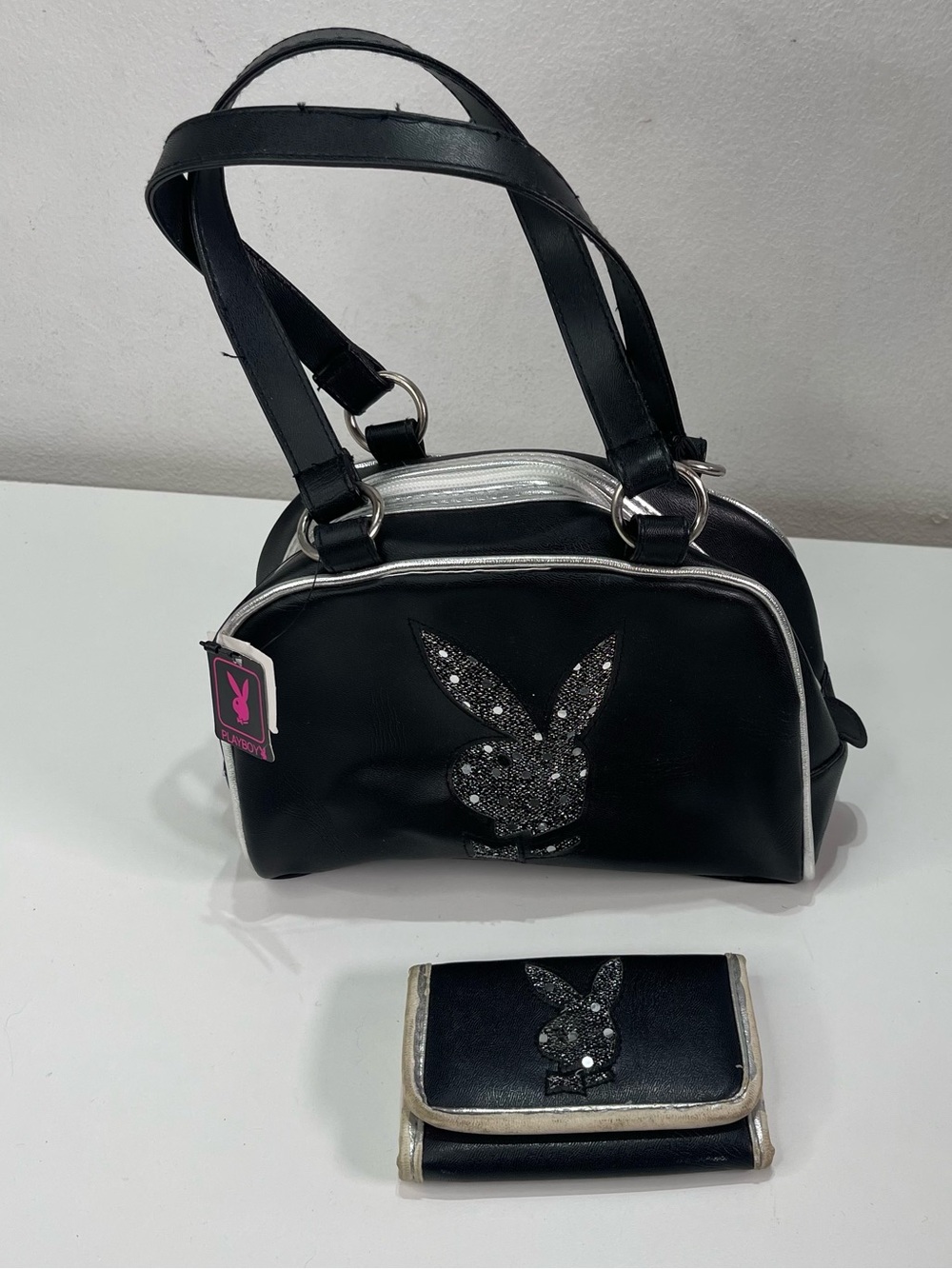 Vintage Y2K Playboy Bunny Black White Mini Bowler Bag Purse Handbag W/ Wallet